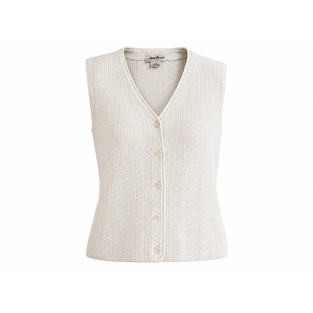VNTG 90s Eddie Bauer Sweater Vest Womans L 100 Cotton Cream Preppy Grandmacore